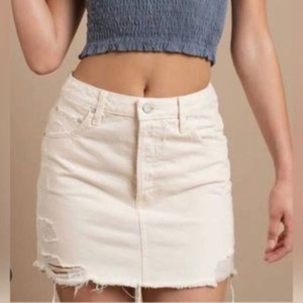 Boyish Corey Denim Mini Skirt In Rosemary's Baby White Raw Hem Distressed